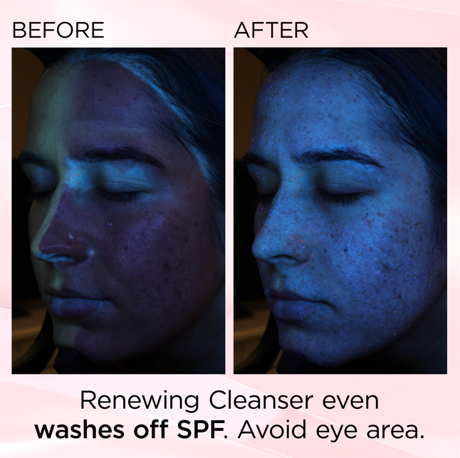 Before and after under UV light — Renewing Cleanser even washes off SPF