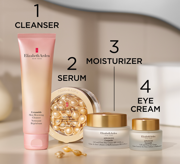 The Ceramide routine: 1 Cleanser, 2 Serum, 3 Moisturizer, 4 Eye Cream