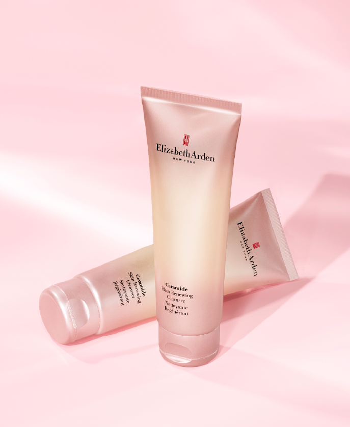 Elizabeth Arden Ceramide Skin Renewing Cleanser — two sizes on pink background