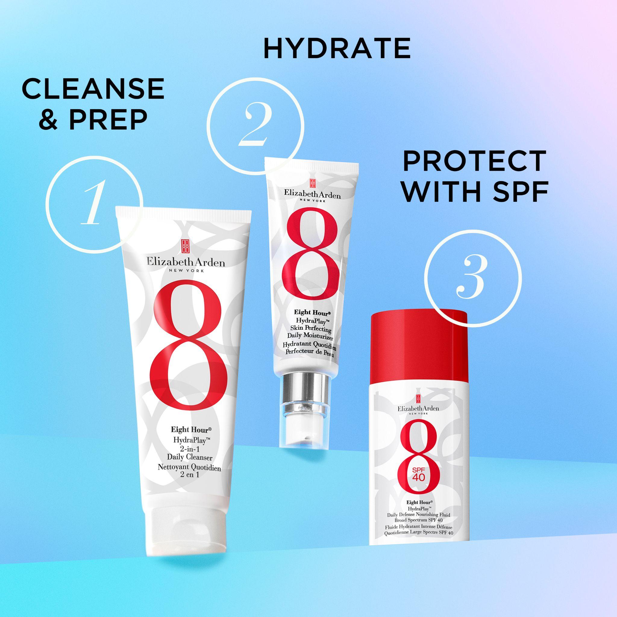 Three-step HydraPlay routine: 1 Cleanse and Prep, 2 Hydrate, 3 Protect with SPF