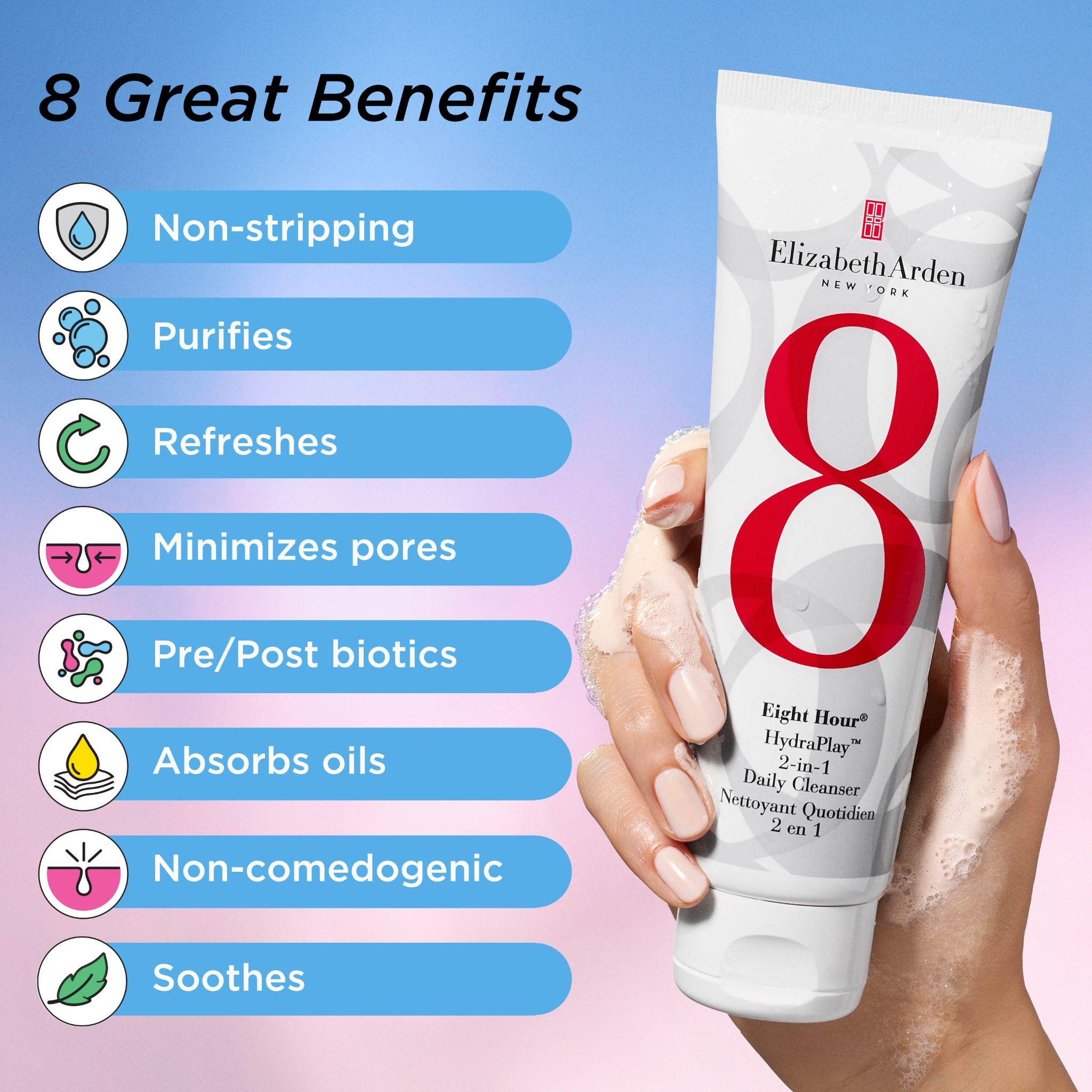 HydraPlay 2-in-1 Daily Cleanser benefits — non-stripping, purifies, refreshes, minimizes pores, pre/post biotics, absorbs oils, non-comedogenic, soothes