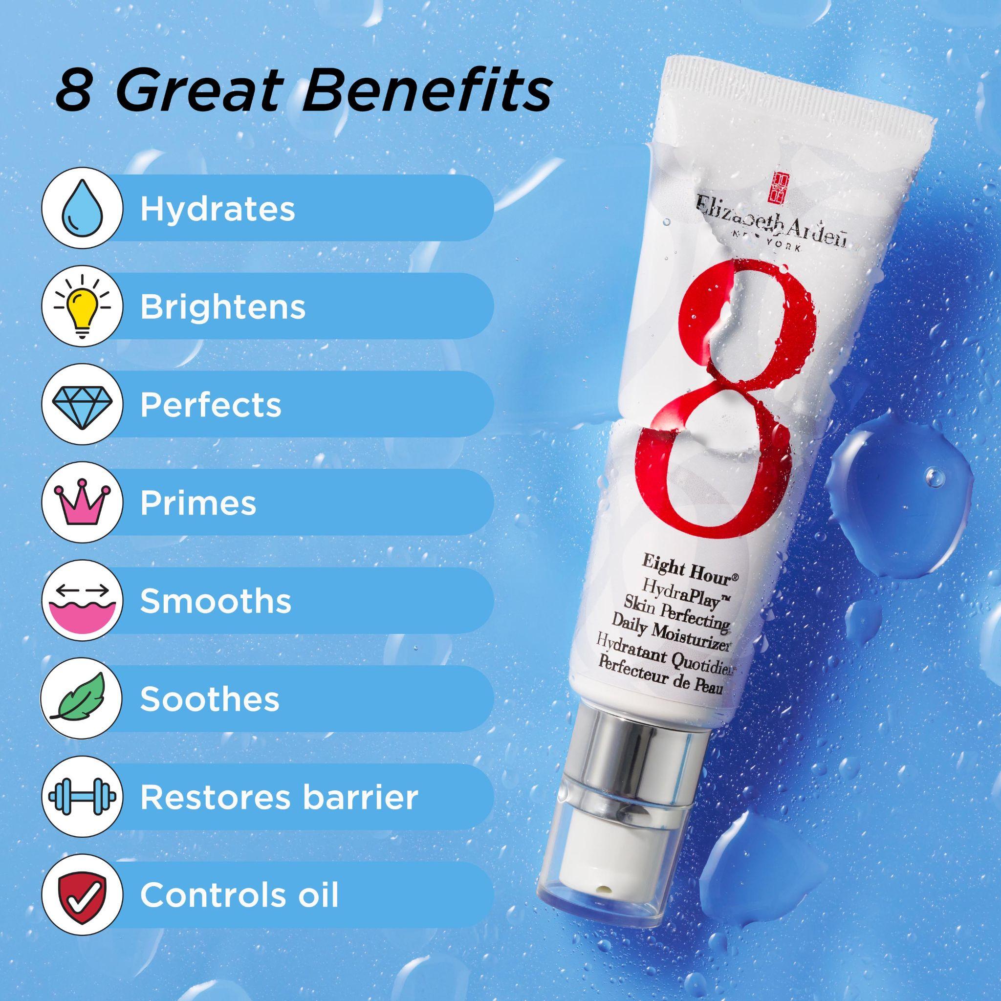 HydraPlay Daily Moisturizer 8 great benefits — hydrates, brightens, perfects, primes, smooths, soothes, restores barrier, controls oil
