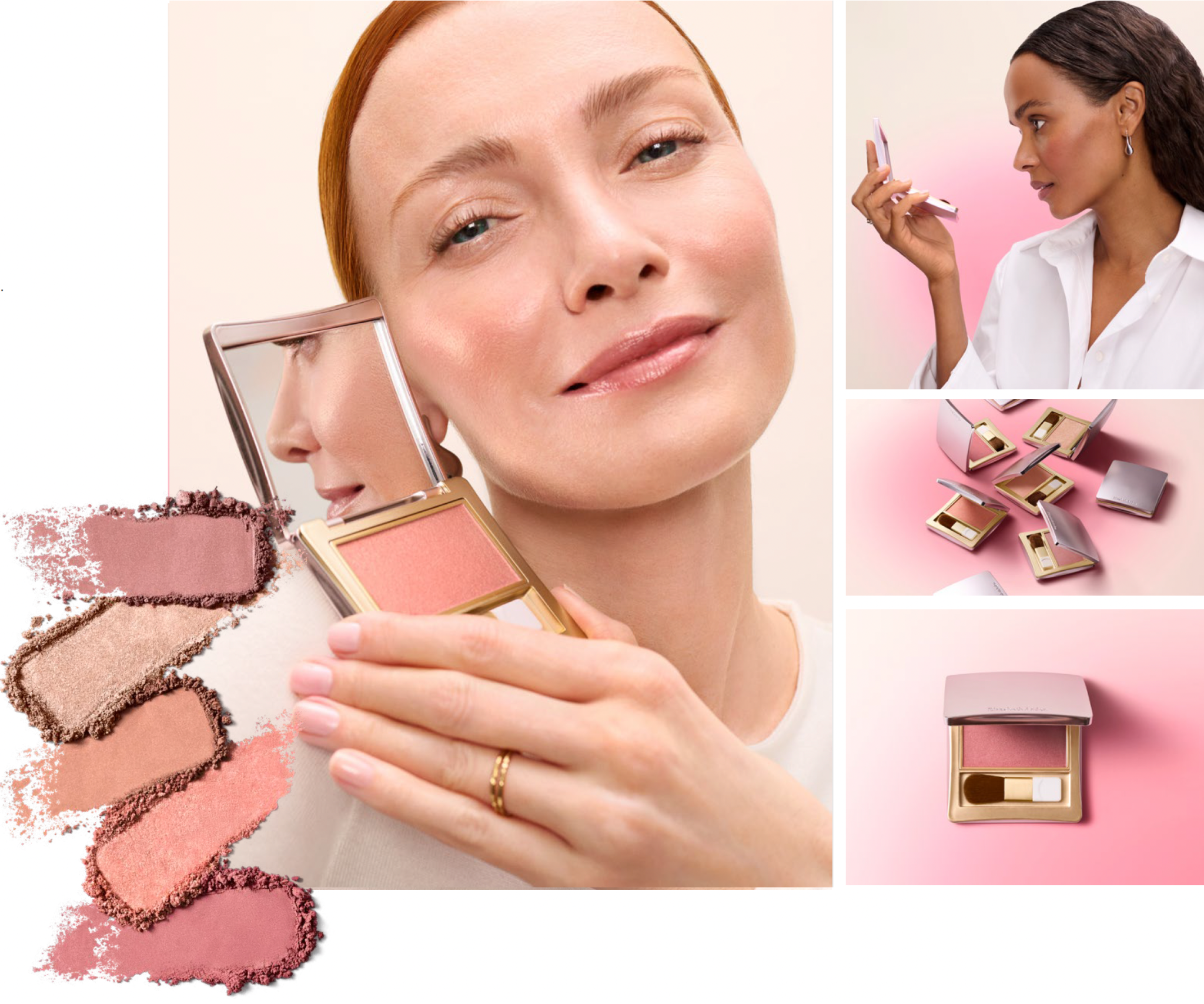 Elizabeth Arden Blush Collection — model applying blush, compact products and shade swatches